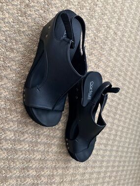 Corkys Black Leather Wedge Slingback Sandals